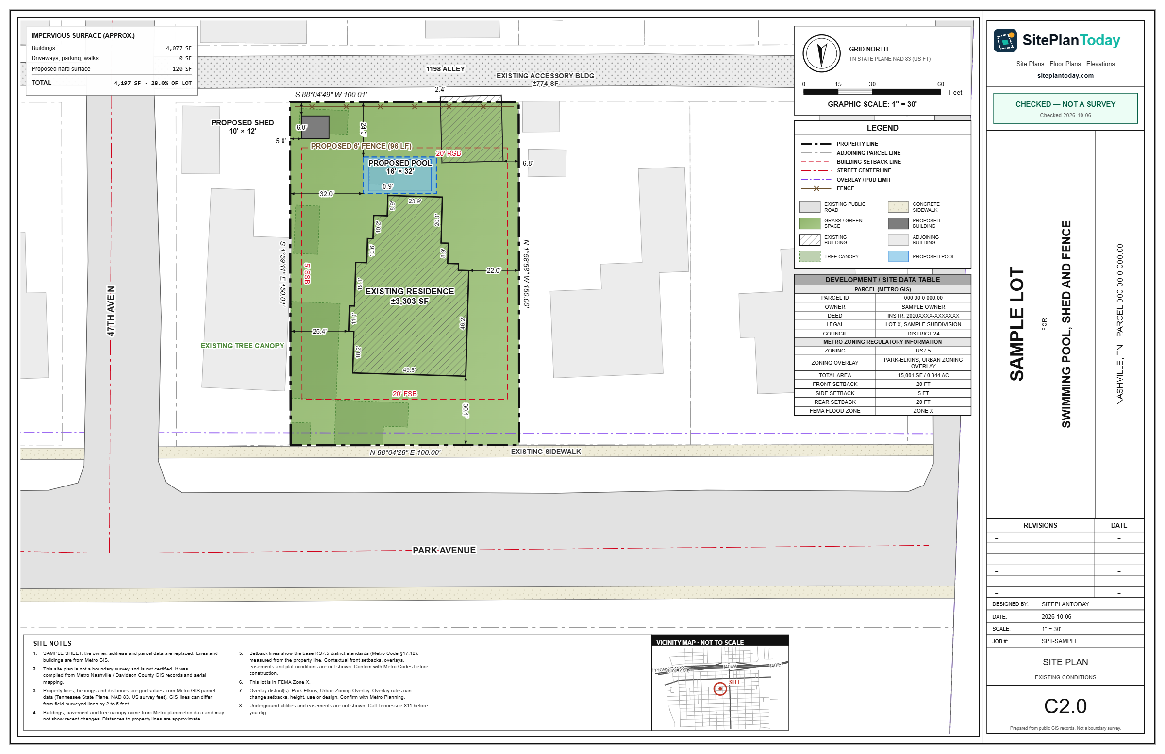 Sample site plan on an 11 by 17 sheet. It shows a residential lot with its property lines, buildings, setback lines, legend and title block.
